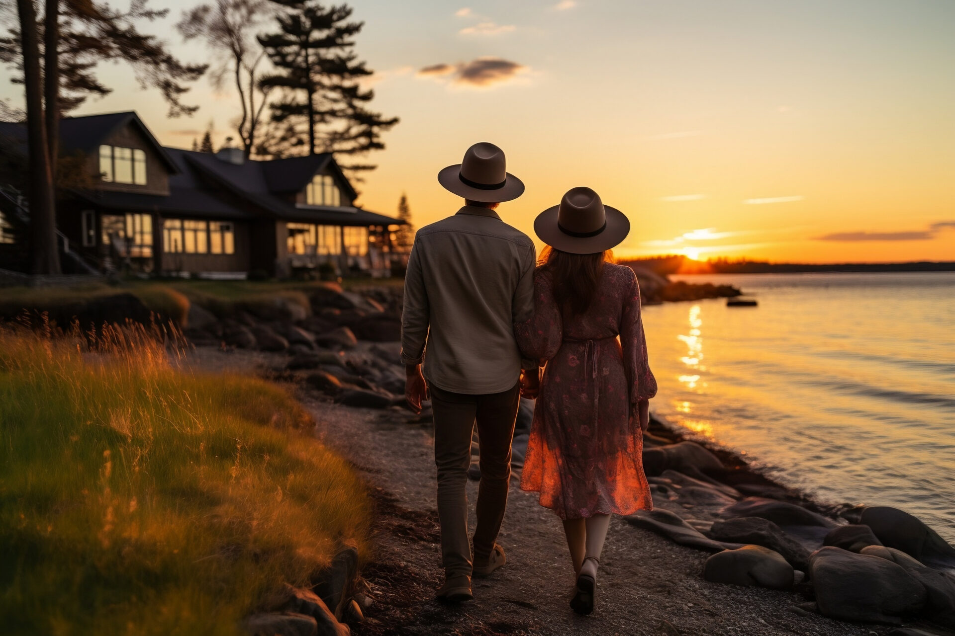 Un couple devant leur chalet pendant la couchée de soleil